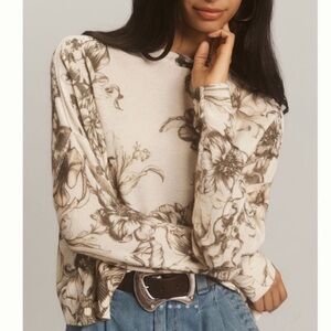 Pilcro 100% Cashmere Cream and Black Floral-Pattern Mock Neck Sweater